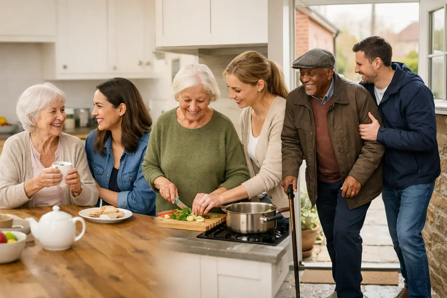 An older woman prepares vegetables at a kitchen worktop with a younger woman beside her, while family greet an older man arriving at the door.