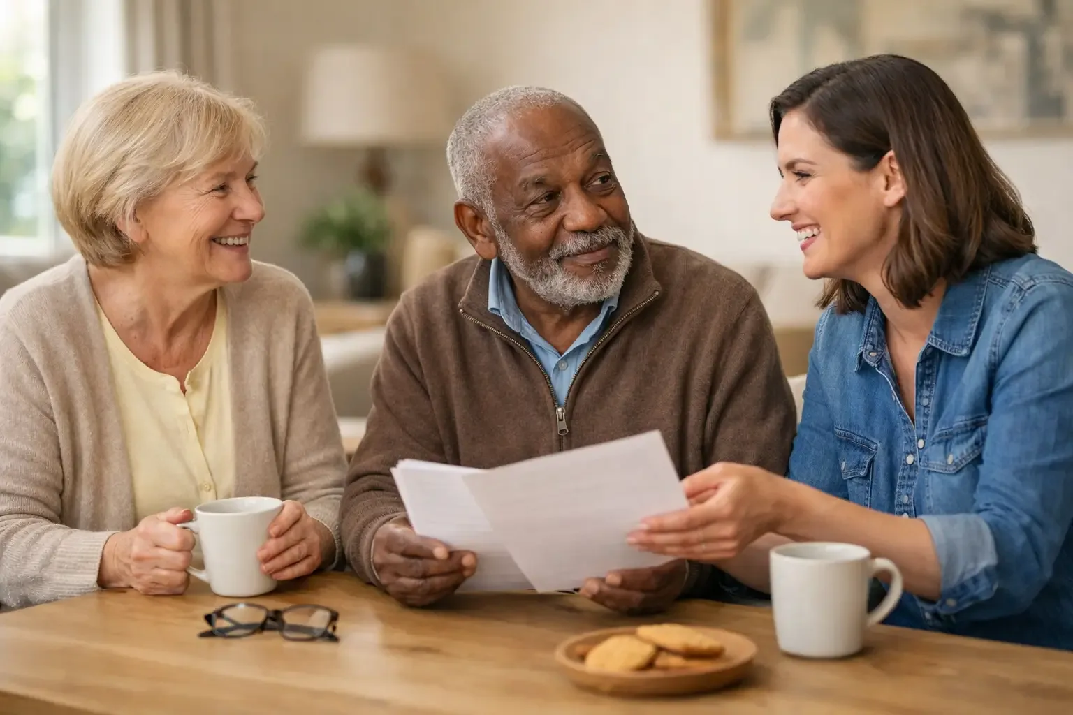 An older couple sit at a kitchen table with a younger woman, reading through a printed care quote over cups of tea.