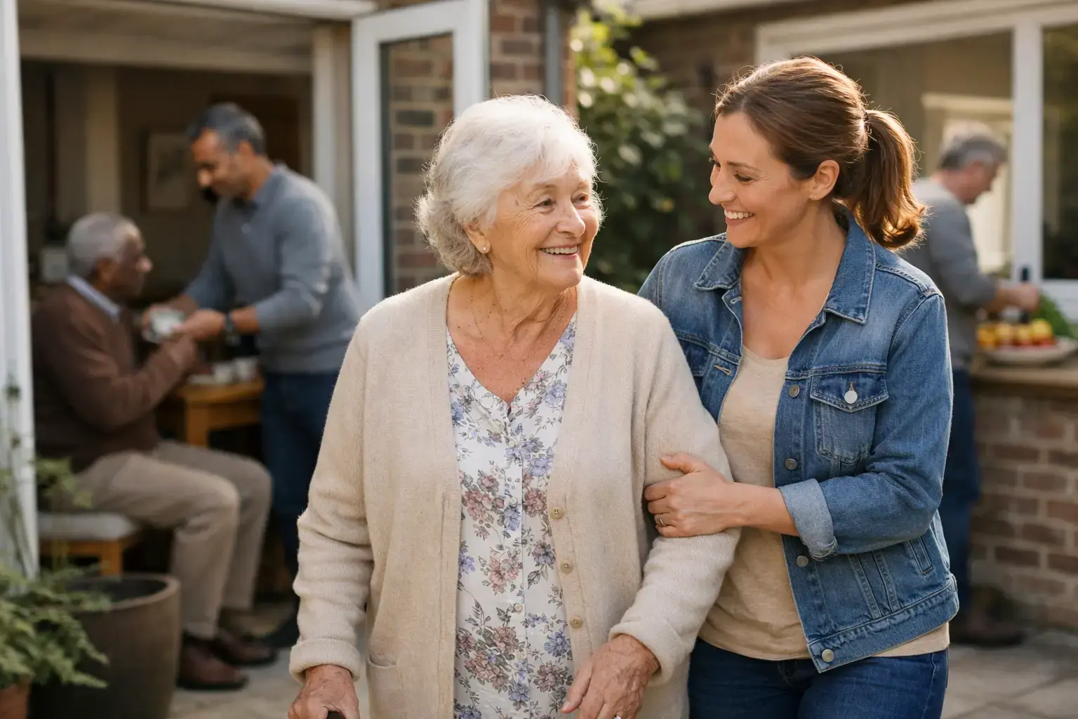 An older woman in a cream cardigan walks arm in arm with a younger woman, while behind them another carer brings a cup of tea to an older man.