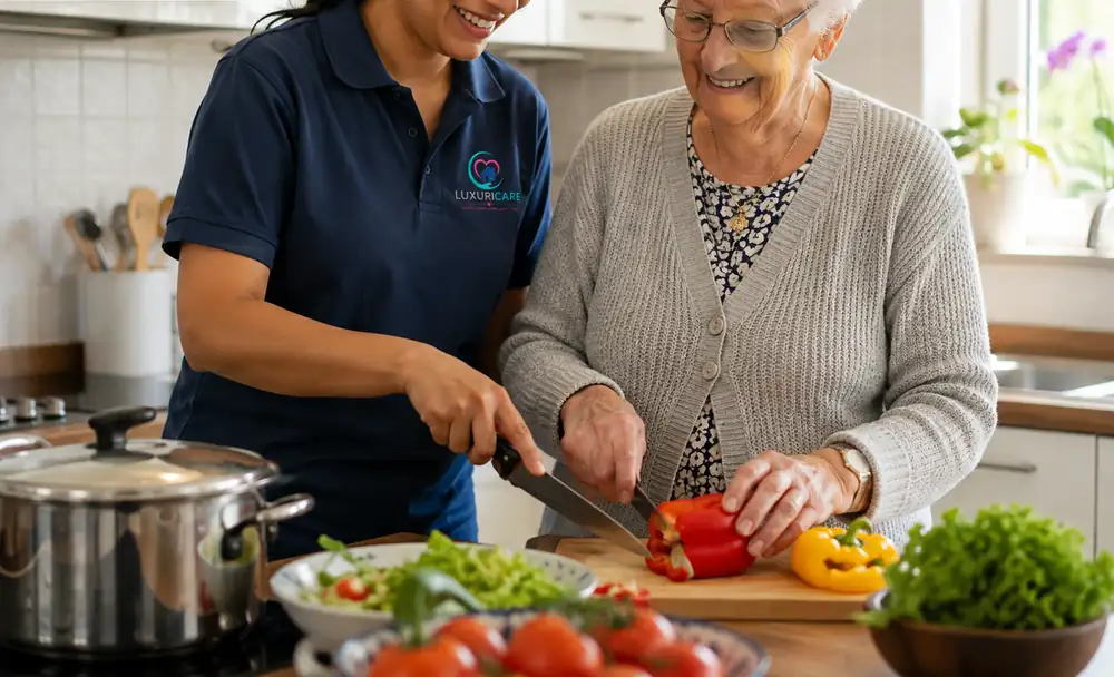 A carer in Luxuricare uniform preparing vegetables in a kitchen alongside a lady