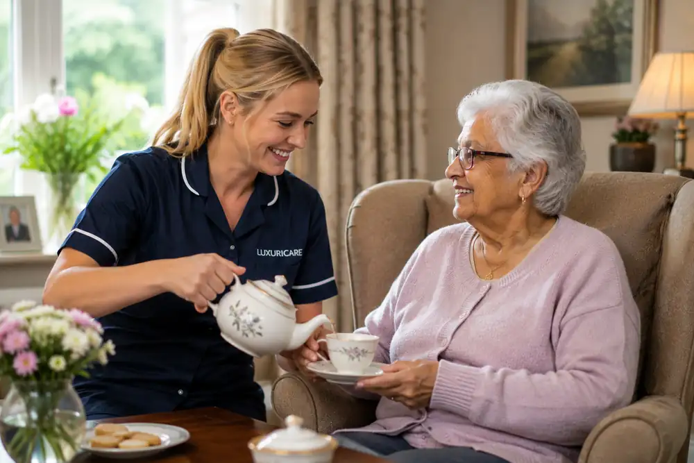 A carer in Luxuricare uniform pouring tea for a lady in her armchair